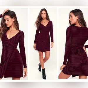 NWT BB Dakota All Day Everyday Maroon & Black Striped Wrap V Neck Dress XS